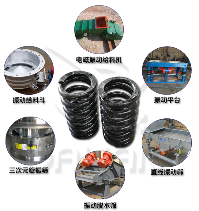 旋振篩減震彈簧適用產(chǎn)品：振動(dòng)給料機(jī)，電磁振動(dòng)給料機(jī)，振動(dòng)平臺(tái)，直線振動(dòng)篩，振動(dòng)脫水篩，三次元旋振篩。