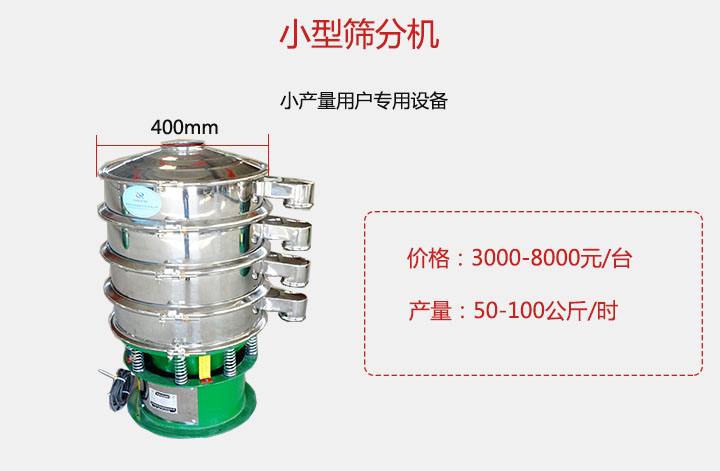 小型篩分機(jī)產(chǎn)量可達(dá)100公斤/時(shí)，價(jià)格3000元起。