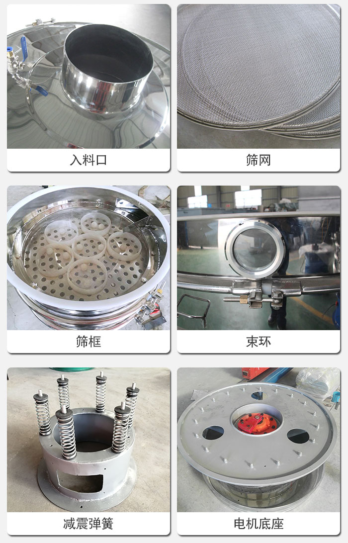 醫(yī)藥振動(dòng)篩有電機(jī)底座，減震彈簧，束環(huán)，篩框，入料口，篩網(wǎng)等部件展示。