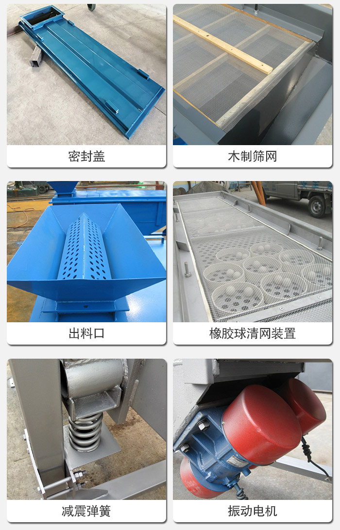 直線篩分機(jī)的結(jié)構(gòu)展示圖：篩箱是物料主要篩分設(shè)備之一，篩網(wǎng)用于篩分物料，振動電機(jī)幫助篩網(wǎng)篩分。