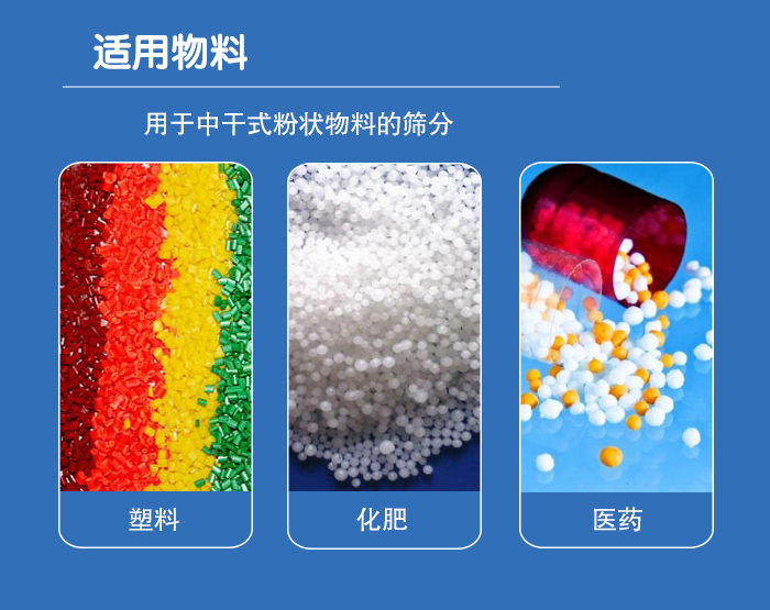 顆粒振動(dòng)篩廣泛適用于化工、食品、糧食、陶瓷等行業(yè)中干式粉狀物料的篩分。