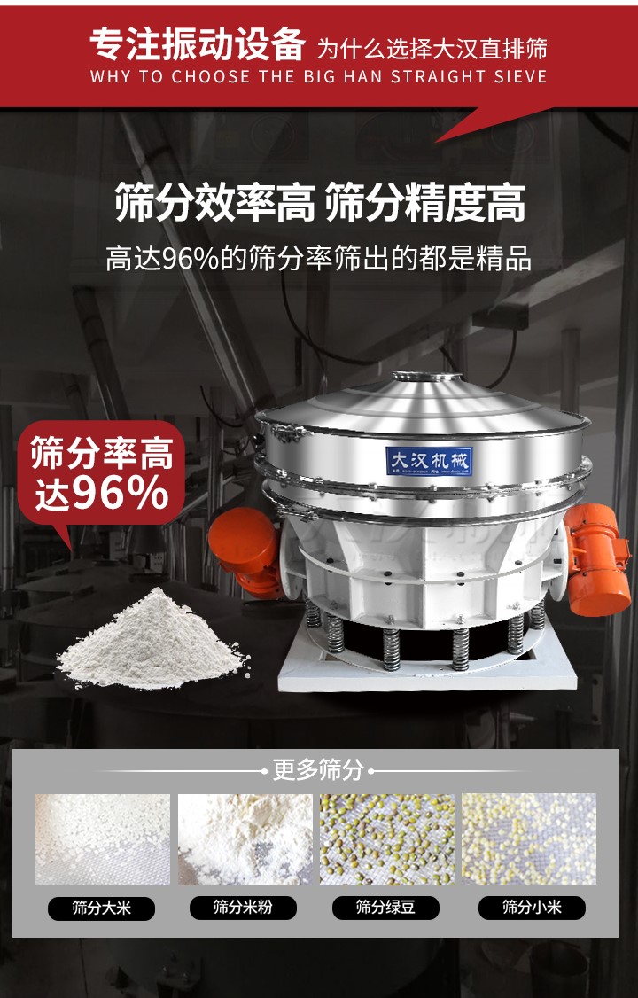 直排篩適用物料有面粉，淀粉，洗衣粉，金屬粉，添加劑，化工，非礦等行業(yè)。