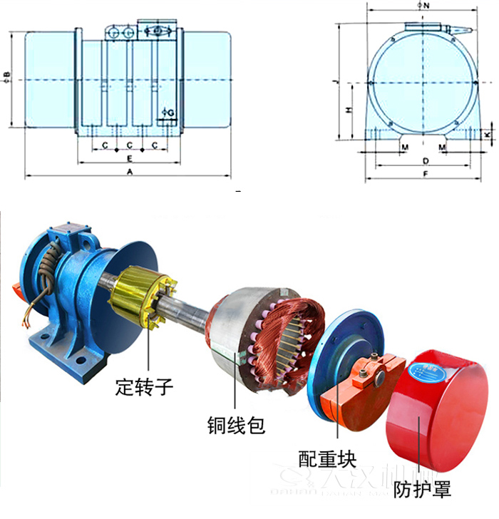 YZS振動電機(jī)內(nèi)部主要部件：定轉(zhuǎn)子，銅線包，配重塊，防護(hù)罩。